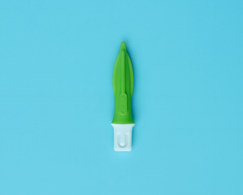 Green and white tool on a blue background