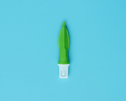 Green and white tool on a blue background