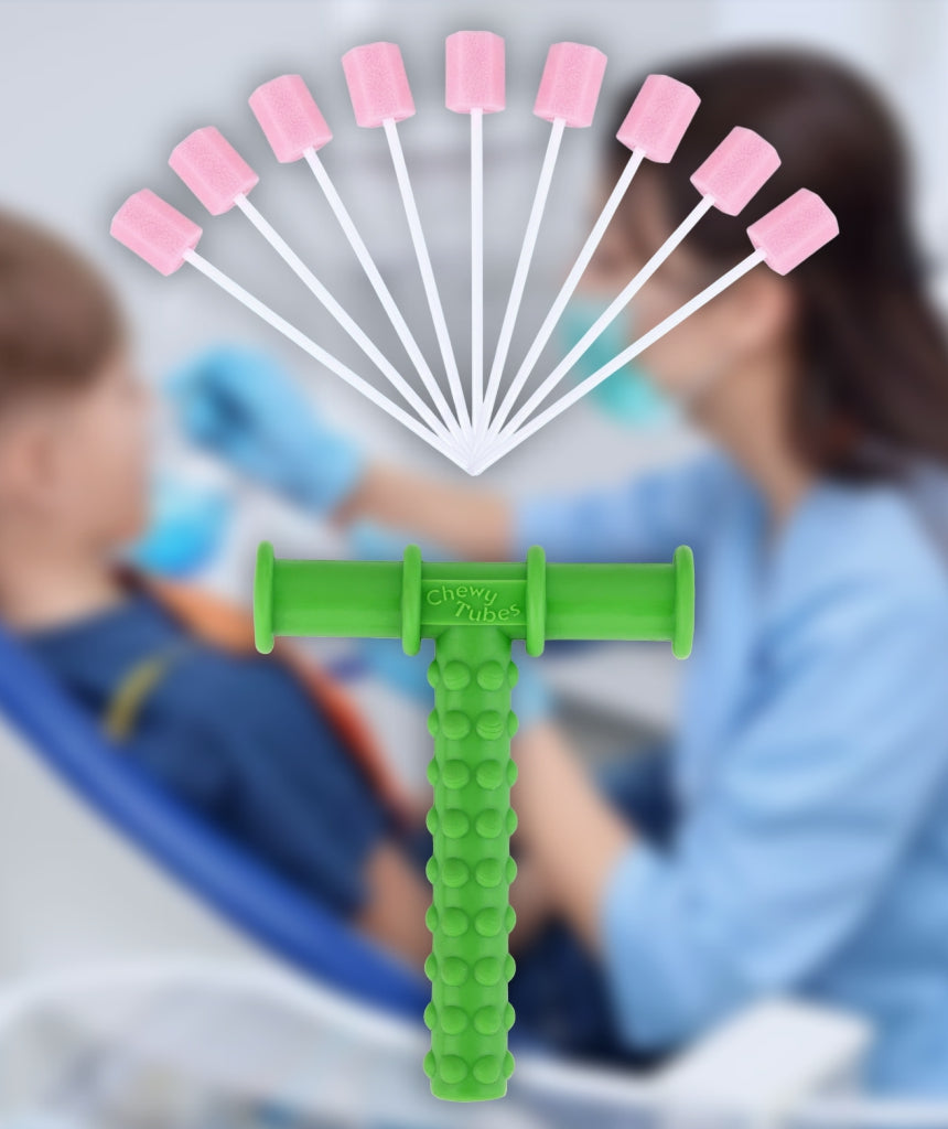 100 Pcs Disposable Oral Care Sponge Swab & Chewy Tube Green Speech Therapy Tools